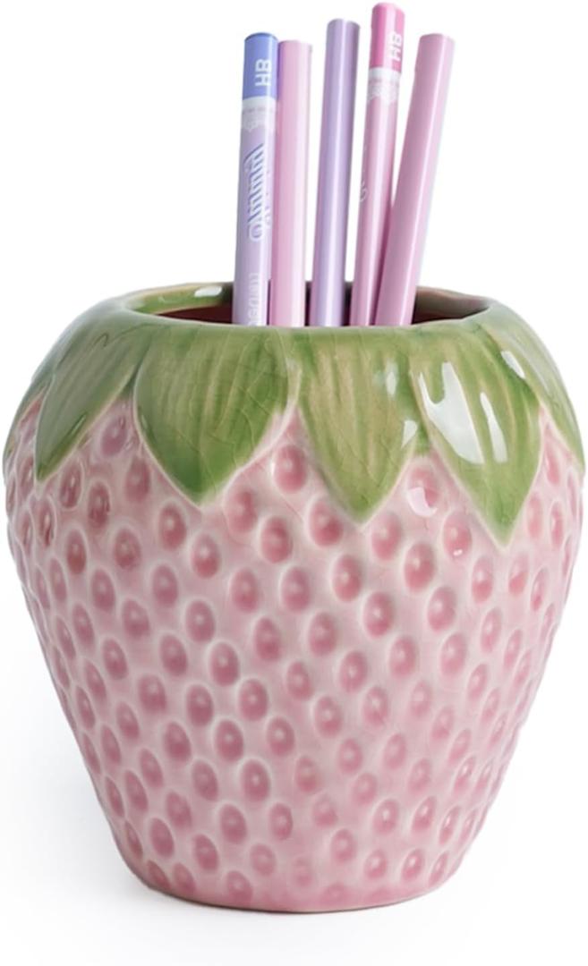 Strawberry Pencil Holder, Ceramic Pen Holder, Cute Pen Holder for Desk, Stand Makeup Brush Holder for School, Home, Office(Pink)