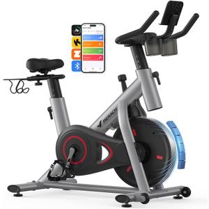 MERACH Exercise Bike, Brake Pad Stationary Bike with Exclusive App, Low Noise Indoor Cycling Bike with 300lbs Weight Capacity, Tablet Mount and Fitness Courses for Weight Loss (Magnetic-Grey)
