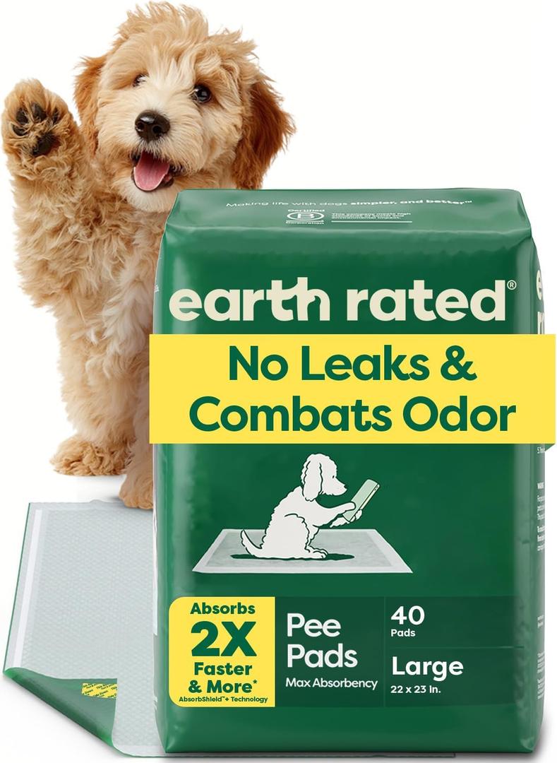 Earth Rated Max Absorbency Puppy Pee Pads for Dogs Absorbs 2X Faster & 2X More, Leak-Proof, Odor Control Potty Training, Unscented, Large, 22 x 23, 40 Count