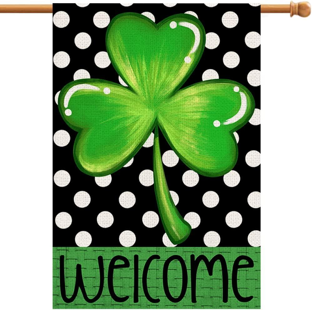 Lucky Shamrock St Patricks Day House Flag 28x40 Inch Double Sided Burlap, Welcome Seasonal Sign Large Flag Farmhouse Yard Outdoor Decorations DF189-28