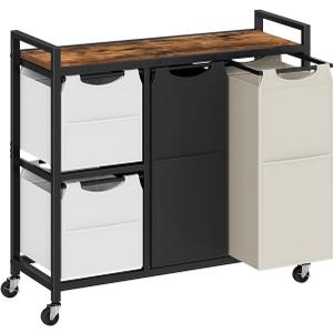 HOOBRO Laundry Sorter with 4 Section, 39 Gal. (147 L) Laundry Hamper with Wheels, Rolling Laundry Basket with Shelf, Pull-Out Detachable Bags, Side Pockets, Rustic Brown, Black and Beige BFE14XY01N1