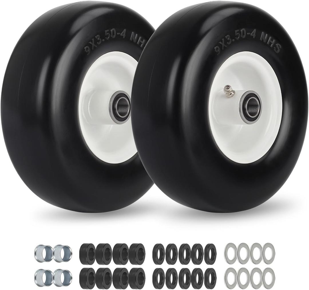 GICOOL 9x3.50-4 Flat Free Lawn Mower Tires, 9" Smooth Tread Front Wheel Assembly Fits Exmark Metro/Scag SW Series Zero Turn Mowers, Adjustable Hub 3.5"-5", 3/4" & 5/8" Bearing, 2-Pack