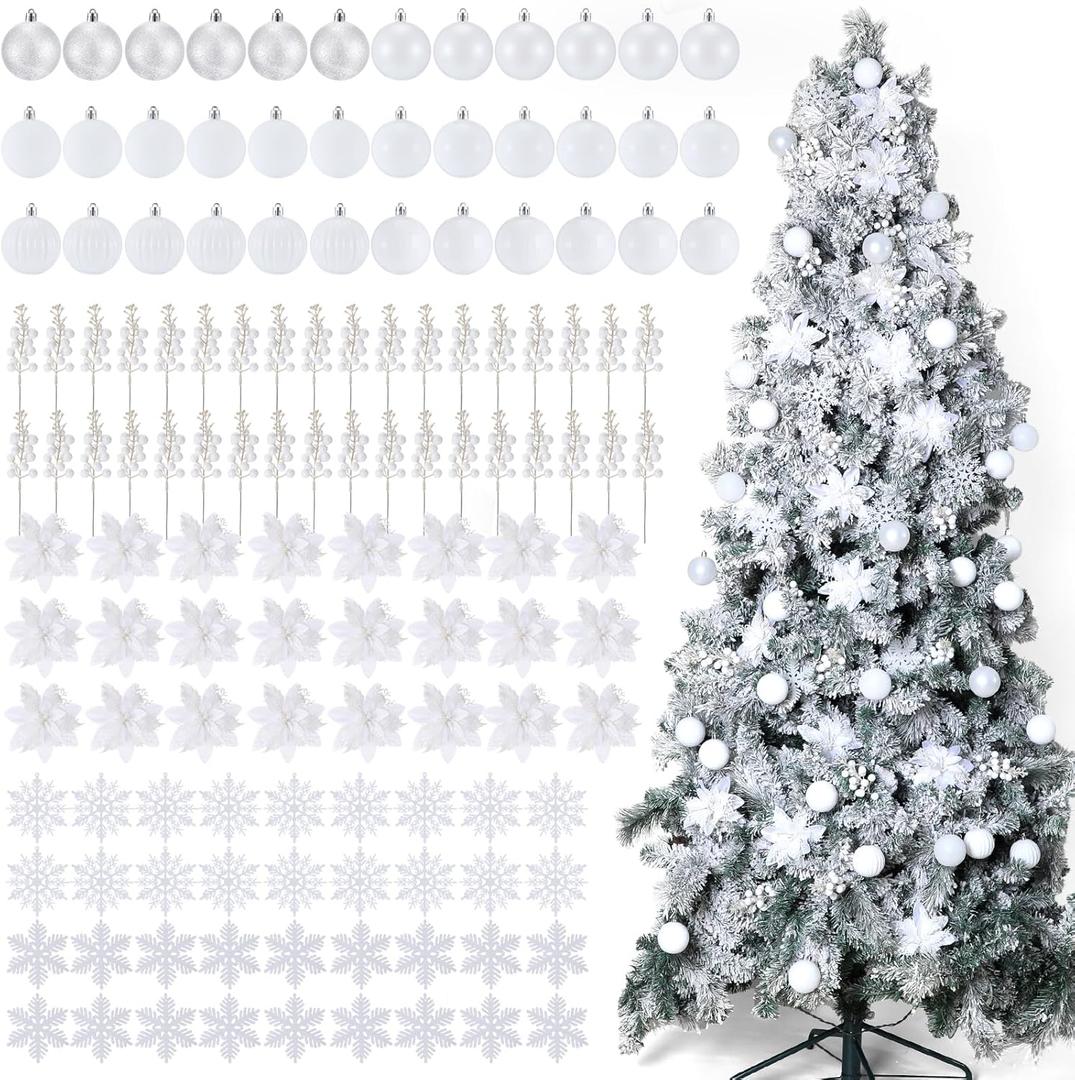 Ceenna 132 Pcs Christmas Tree Ornaments Set Glitter Poinsettia Flowers 2.36 inch Christmas Balls Snowflakes Decorations Artificial Berry Picks for Xmas Tree Wreath, Hooks Included(White)