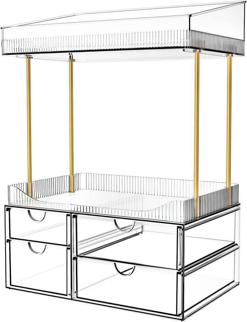 SNSLXH Makeup Organizer Bathroom Storage- 4 Tier 4 Drawer Makeup Storage, Transparent Clear Cosmetics Organiser, Ideal for Cosmetic Perfume Skincare, for Countertop, Bathroom, Office Supplies, Dresser