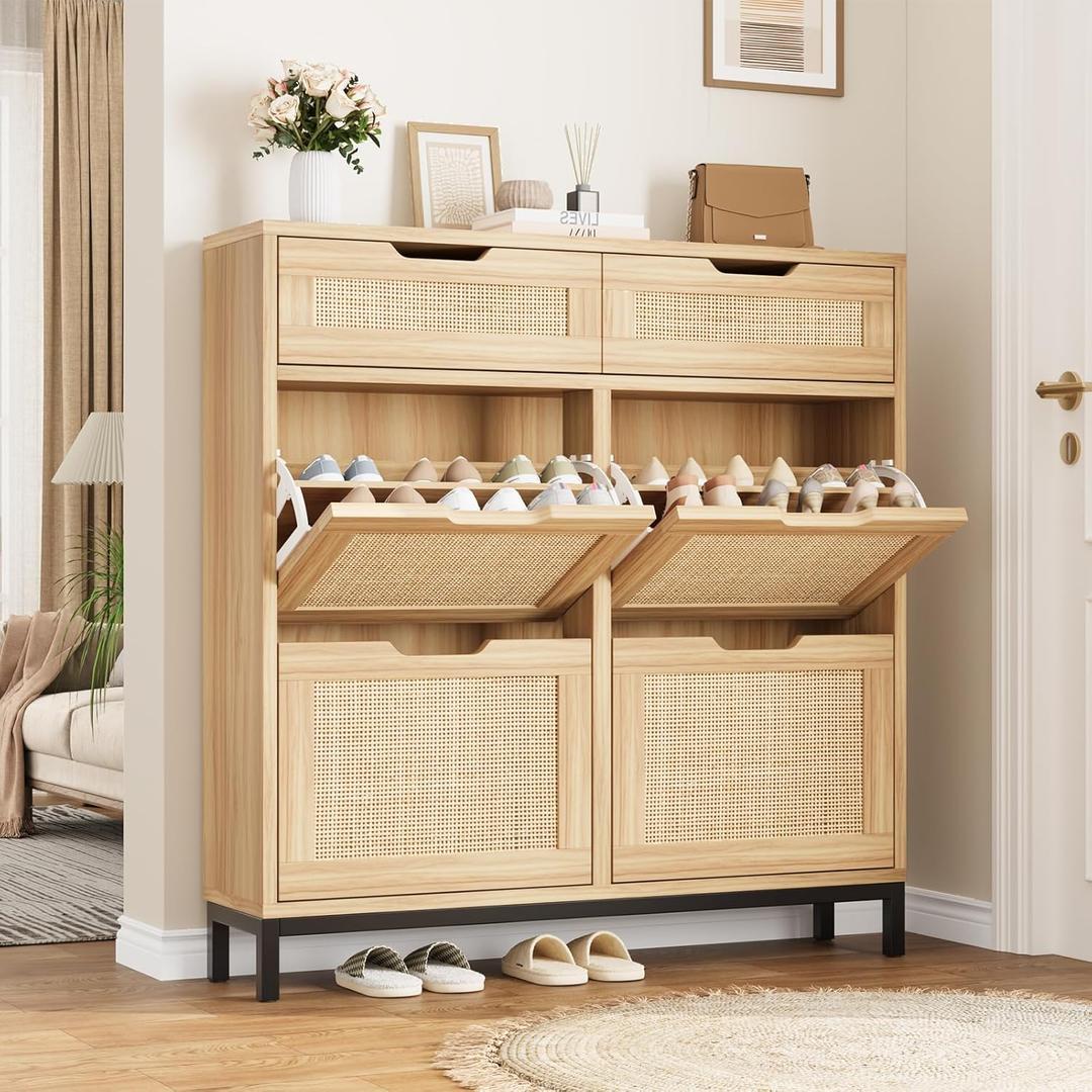 Jocoevol Rattan Shoe Cabinet for Entryway with 4 Flip Drawers & 2 Top Drawers, Freestanding Narrow Shoe Storage Cabinet with Metal Legs for Foyer, Hallway (Natural)