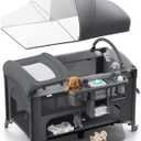 4 in 1 Baby Bassinet, Pack and Play, Bedside Crib Sleeper, Diaper Changer - Comes with Mattress, Mosquito NetBottom Storage and Toy Bar for Newborn to Toddles (Grey)