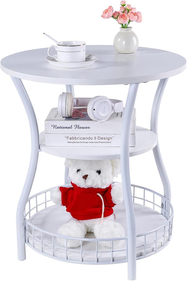 Round Side Table, 3-Tier Circular End Table with Storage Shelf,White Accent Sofa Table for Small Spaces,Round Corner Coffee Table Nightstand for Living Room, Bedroom,19.6 inch Diameter