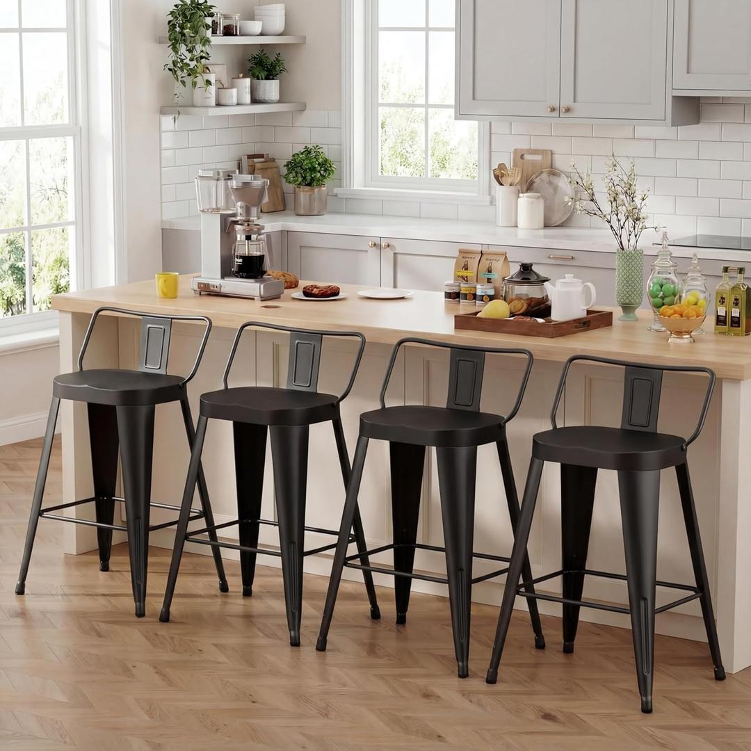 ALISH 24 Inch Bar Stools Set of 4, Industrial Metal Barstools Farmhouse Bar Chairs with Large Seat for Kitchen Island (24 Inch, Black), Counter Height 24 Inch