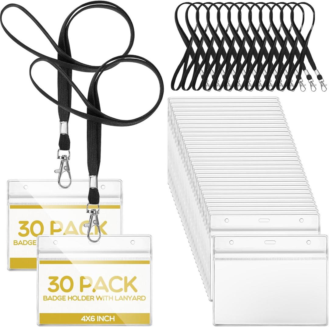 Patelai 30 Sets 6 x 4 Inch Badge Holder with Lanyard Horizontal Name Tag Lanyard with ID Holder Waterproof Clear Name Badge for Office Workers Volunteers (Black)