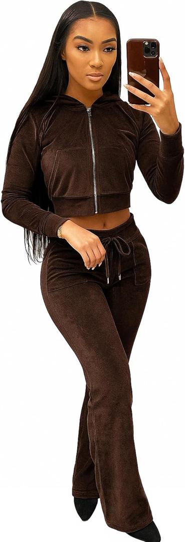 yidengymx Womens Velour Tracksuit Two Piece Outfits for Women Long Sleeve Hooded Zip Crop Tops Flared Pants Set (Hoodie/Wide Leg Pants-brown) XL