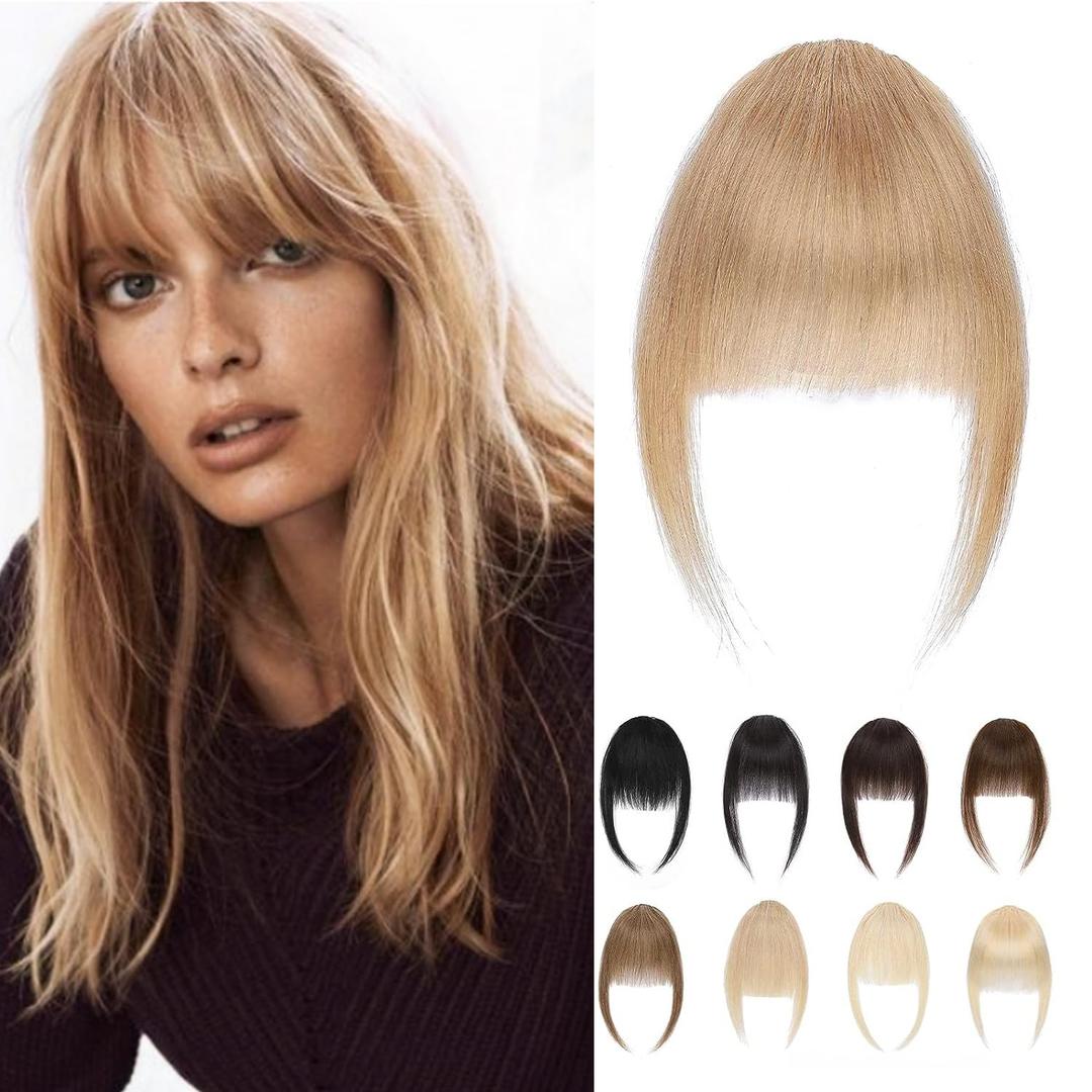 Clip in Bangs Human Hair Wispy Bangs Blonde Bangs Clip On Fake Bang Real Hair Bangs Fringe with Temples Full Bangs Flat Bangs Hairpiece for Daily Wear Women(#27-Dark Blonde)