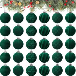 Menkxi 30 Pcs Christmas Velvet Ball Ornaments Small Flocked Christmas Ornaments for Tree Plastic Xmas Decorative Hanging Balls Handmade Flocked Velvet Xmas Tree Home Decor (1.97 Inch,Green)
