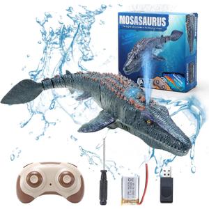 Remote Control Dinosaur Toys for Kids 3 4 5 6 7, Mosasaurus Diving Toys RC Boat with Light and Spray Water for Swimming Pool Lake Bathroom Ocean Protector Bath Toys (Grey)