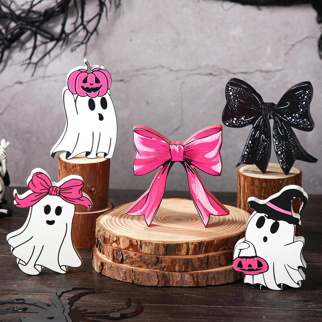 3 x 5 Pcs Pink Black Halloween Table Decor, 5 Styles Cute Wooden Ghosts and Bows Halloween Decorations Indoor, Funny Ghost Tabletop Centerpieces Tiered Tray Decor Signs for Home Office Room
