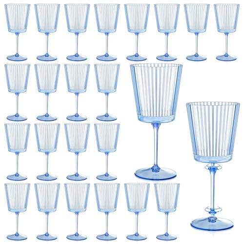 24 PCS Blue Ribbed Plastic Wine Glasses 13.5 OZ Ribbed Wine Glasses Detachable Wine Glass Elegant Fluted Glassware Vintage Style for Wedding Anniversary Birthday Dinner Parties(Blue, 24 Pack)