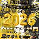 71 PCS Happy New Year Decorations Include 2026 Numbers Balloons Banner Swirls Glasses Photo Props Black Gold Fringe Curtain for 2026 New Years Eve Party Supplies