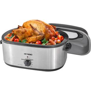 26Qt Turkey Roaster Oven Buffet with Self-Basting Lid, 1450W Electric Roaster Oven with Cool-Touch Handles, Stainless Steel Roaster Oven with Removable Pan and Rack, Silver
