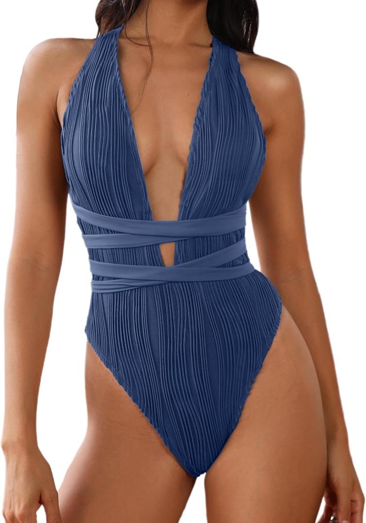 ZAFUL Women's One Piece Swimsuit Deep V Neck Ribbed Self Tie Sexy High Cut Bathing Suit Crisscross Back Swimwear (Blue), XL