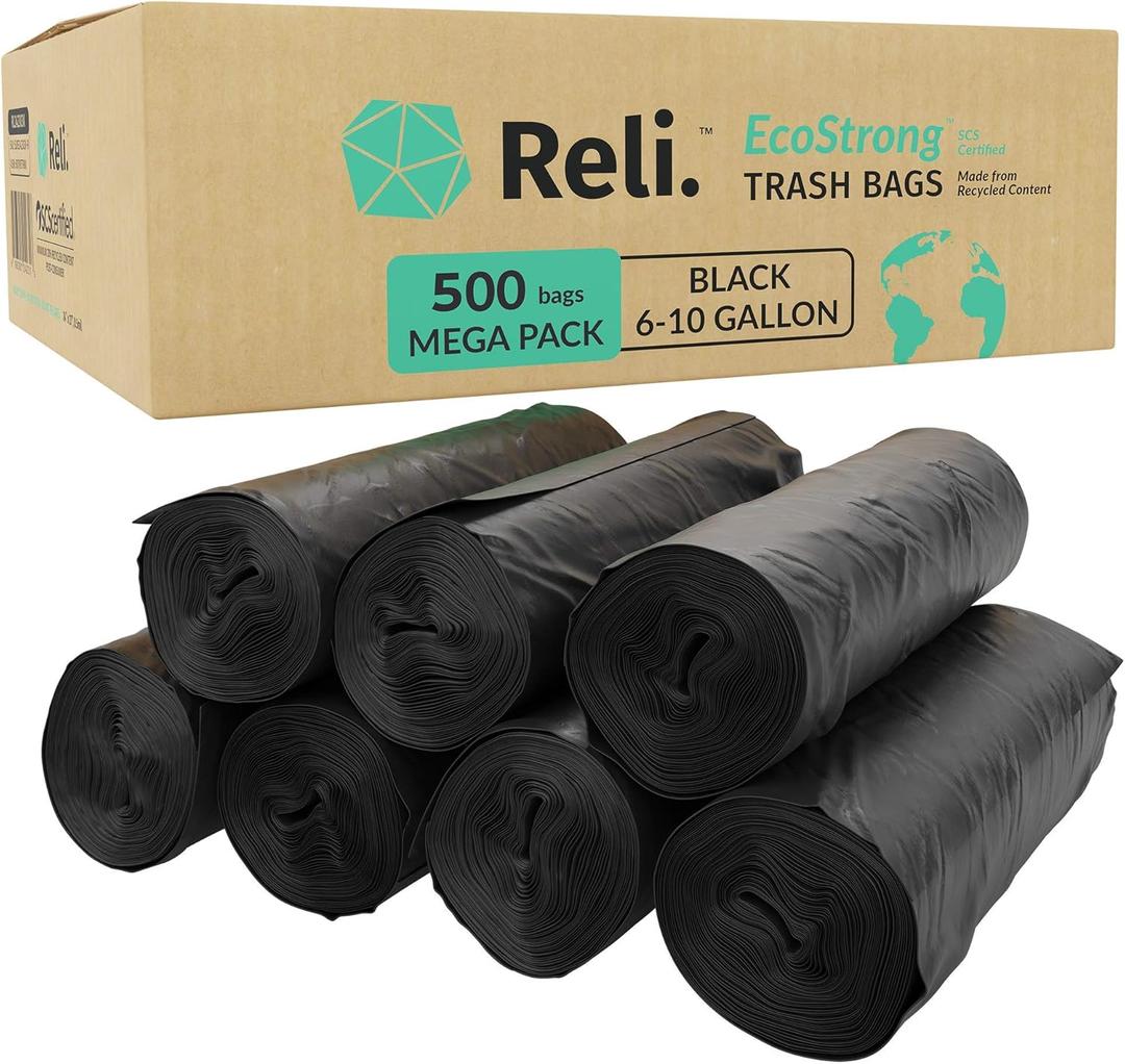Reli. EcoStrong 6-10 Gallon Bags | 500 Count Bulk | Black | Eco-Friendly | Made from Recycled Material