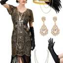 YESSA Flapper Dresses 1920s Dresses for Women,Sequin Fringe Great Gatsby Dresses for Women Roaring 20s Costume Harlem Night (Large, Black Gold)