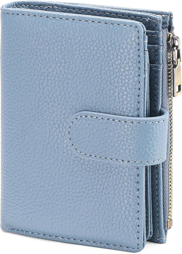 GAEKEAO Small Wallets for Women Leather RFID Blocking Bifold Zipper Pocket Wallet Card Case Purse with ID Window (Type 1 Lychee Blue02)