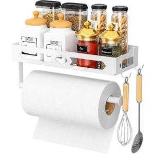 Paper Towel Holder with Shelf, One Hand Tear, Paper Towel Holder Wall Mount with 2 Detachable Hooks for Kitchen, Bathroom, White