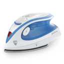 Sunbeam Hot-2-Trot Travel Steam Iron, 800 Watt Dual Voltage 120/240, Compact Size, Portable, Non-Stick Soleplate, Soft Touch Handle, Horizontal or Vertical Use, White and Blue