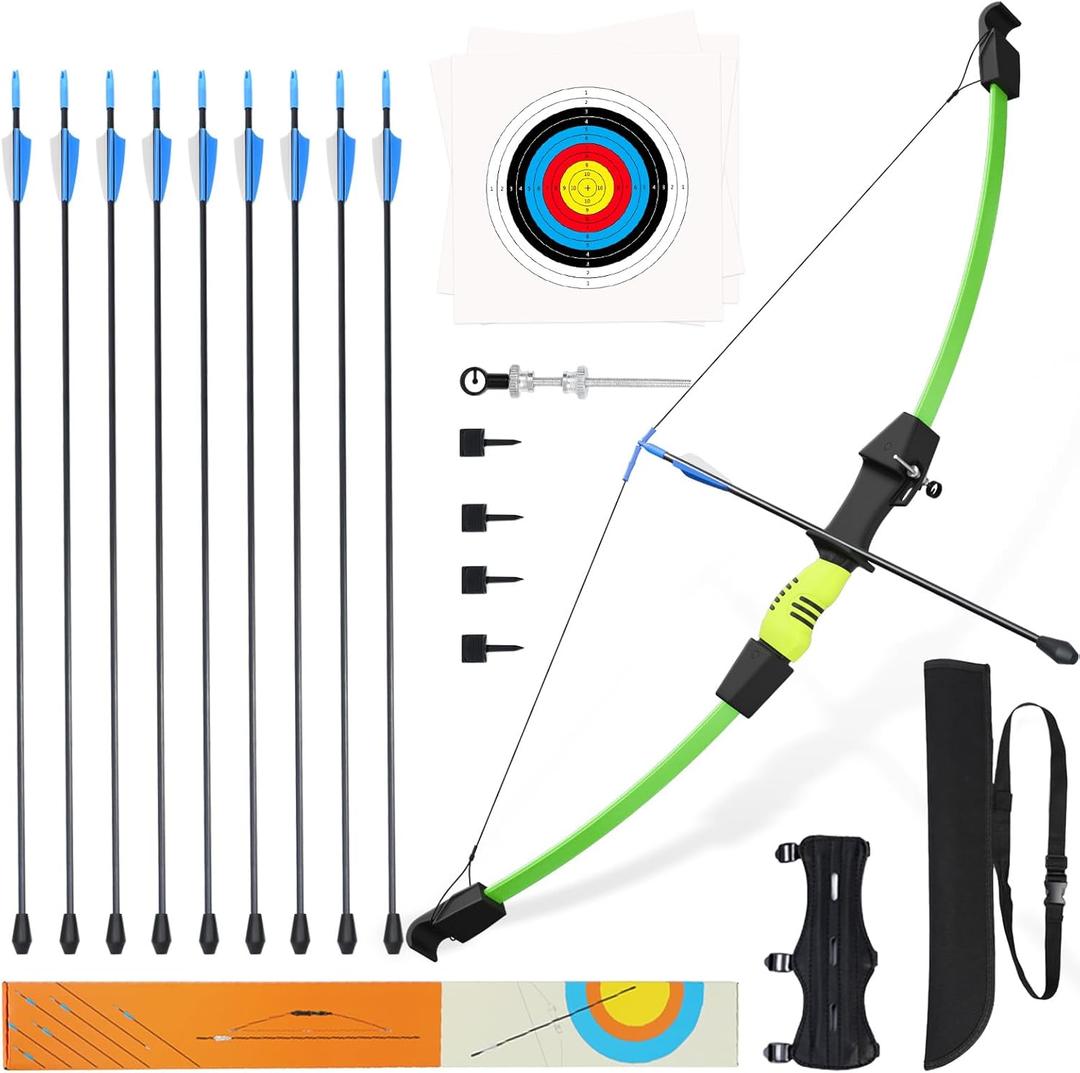 40" Youth Bow and Arrow Set for Kids 8-12 & Teens - Ambidextrous Recurve Archery Gear with Safety Arrows - Toys for Ages 8-13, Backyard Games Gift for Beginner Archers (Light Green)