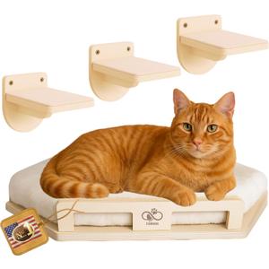 Cat Wall Shelves for Cats & Kitten up to 25 lb Solid Wood Cozy Corner Bed + Cushion with 2 Washable Covers +3 Wooden Steps, Safe Haven for Indoor Cats, Cat Shelves for Wall, Wood Color
