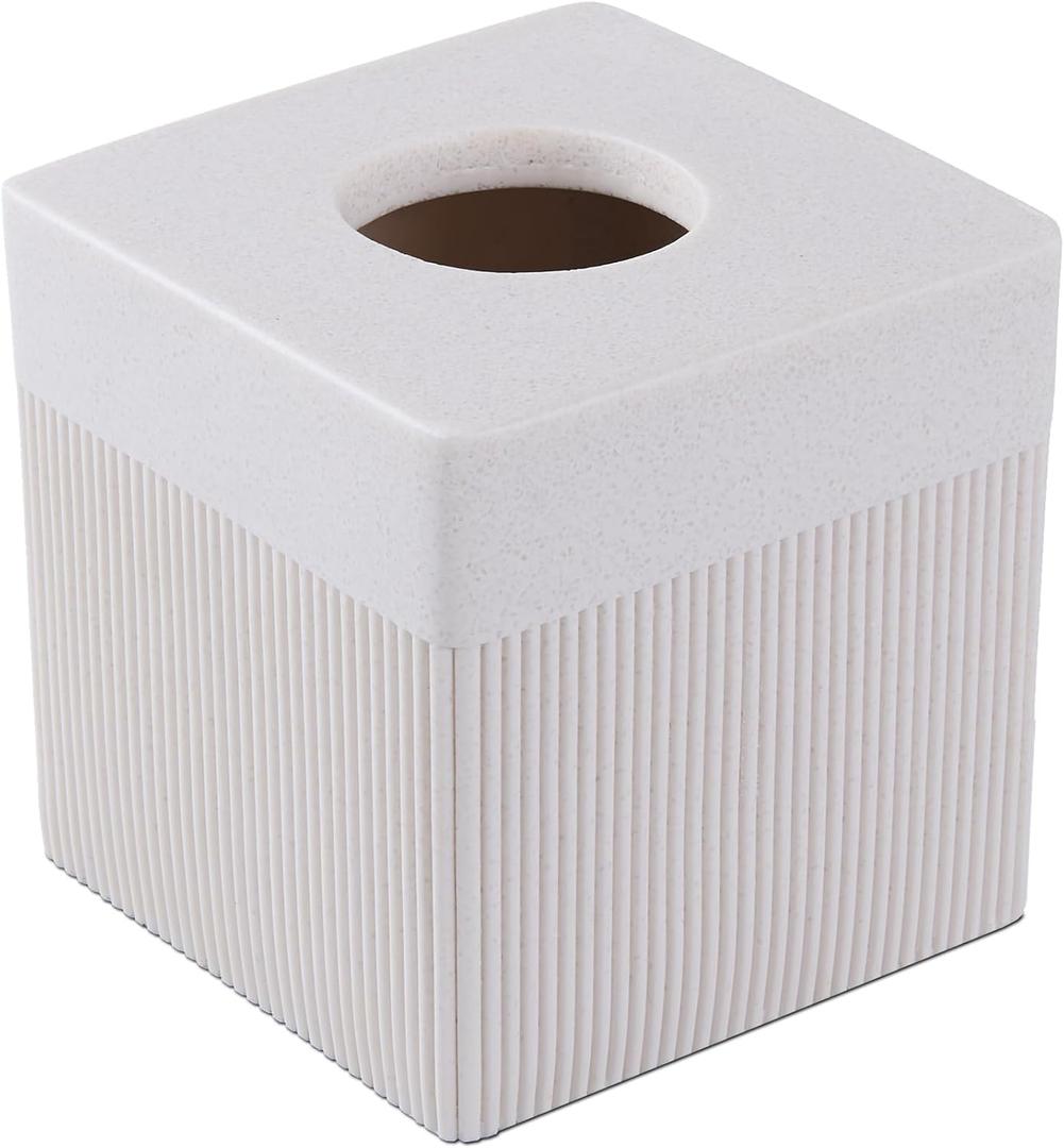 Sand Stone Tissue Box Cover  Ribbed Square Resin Tissue Box Holder  Heavy Duty Decorative Home & Bathroom Decor for Countertop, Tabletop, Night Stand, Office  Beige