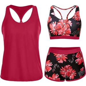 Yonique 3 Piece Athletic Tankini Swimsuits for Women with Shorts Swim Tank Tops with Sports Bra and Boyshorts Bathing Suits, Size: Large