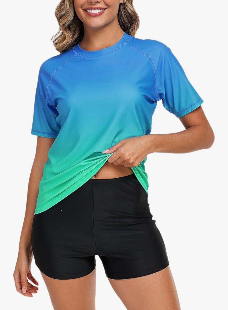 Halcurt Women's Built in Bra Rash Guard UPF 50 Two Piece Swimsuit Shirt and Board Shorts XL