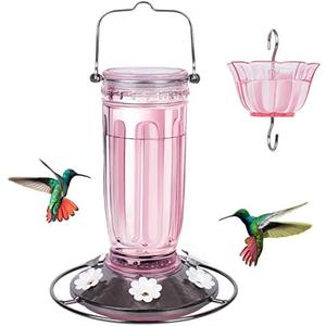 Kingsyard Glass Hummingbird Feeder for Outdoors Wild Bird Feeder with 6 Feeding Ports Hanging for Garden Yard, Pink (Ant Moat Included)