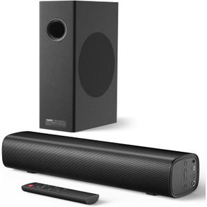 Saiyin Soundbar with 4'' Subwoofers - 70W Rounded-Edge Subwoofer & Compact Soundbar for TV, 2.1 Audio Enhanced Surround Sound System for TV, Bluetooth/Optical/AUX Connection for TV/PC (Black)