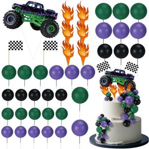 WinnerWhy 49 Pcs Monster Truck Car Cake Toppers Birthday Party Supplies Mini Balloons Cake Topper Sticks for Birthday Party Supplies, Boys' Theme Decoration