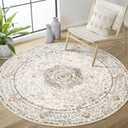 Boho Round Rug 4ft, Washable Circle Area Rugs for Bedroom Bathroom Entryway, Beige Vintage Bohemian Distressed Oriental Floral Carpet Non Slip