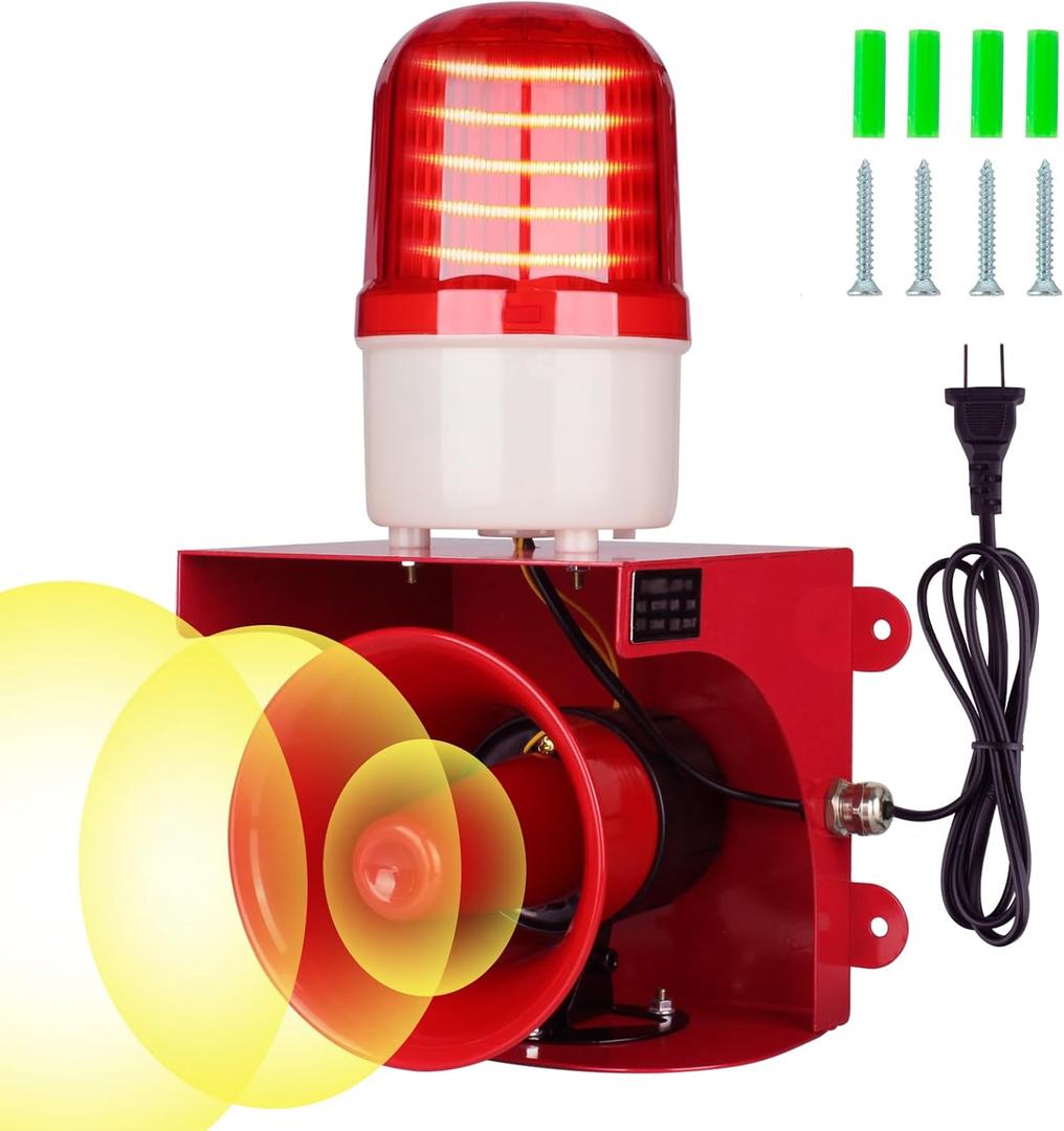 AC110V Industrial Siren Alarm Strobe Light-120dB Loud Horn&Red Beacon Warning Light,Waterproof Indoor/Outdoor Safety Alarm for Emergency,Factory,Office,Fires,Tornado,Intruders,Animal Deterrent