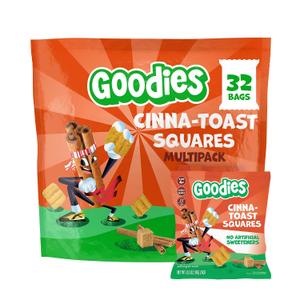 Goodies Cinna-Toast Squares, Cinnamon Sugar Puffed Snack, 32 Snack Packs | Sweet & Crunchy Snack for Kids, No Artificial Colors, Flavors, Preservatives, or Sweeteners, Gluten Free, Nut Free, Non-GMO (BBD 08/31/26)