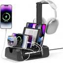 KDD Charging Station for Multiple Devices - 6 in 1 Cellphone Charging Dock with Headphone Stand and Watch Holder - 2 AC&USB A&USB C, Storage Charger Station for Smartphone,Tablets, Apple Watch(Black)