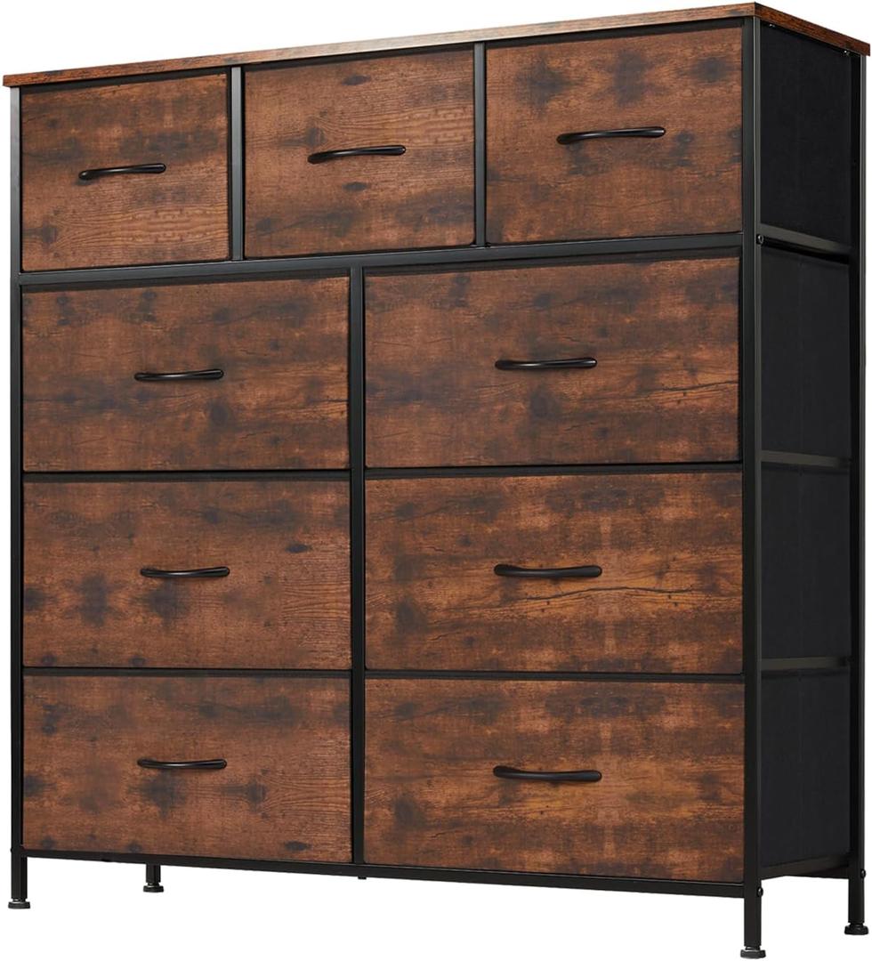 DUMOS Dresser for Bedroom, Storage Organizer with 9 Drawers, Chest of Drawers with Fabric Bins, Sturdy Metal Frame, Wood Tabletop for Guest Room, Closet, Entryway, Brown