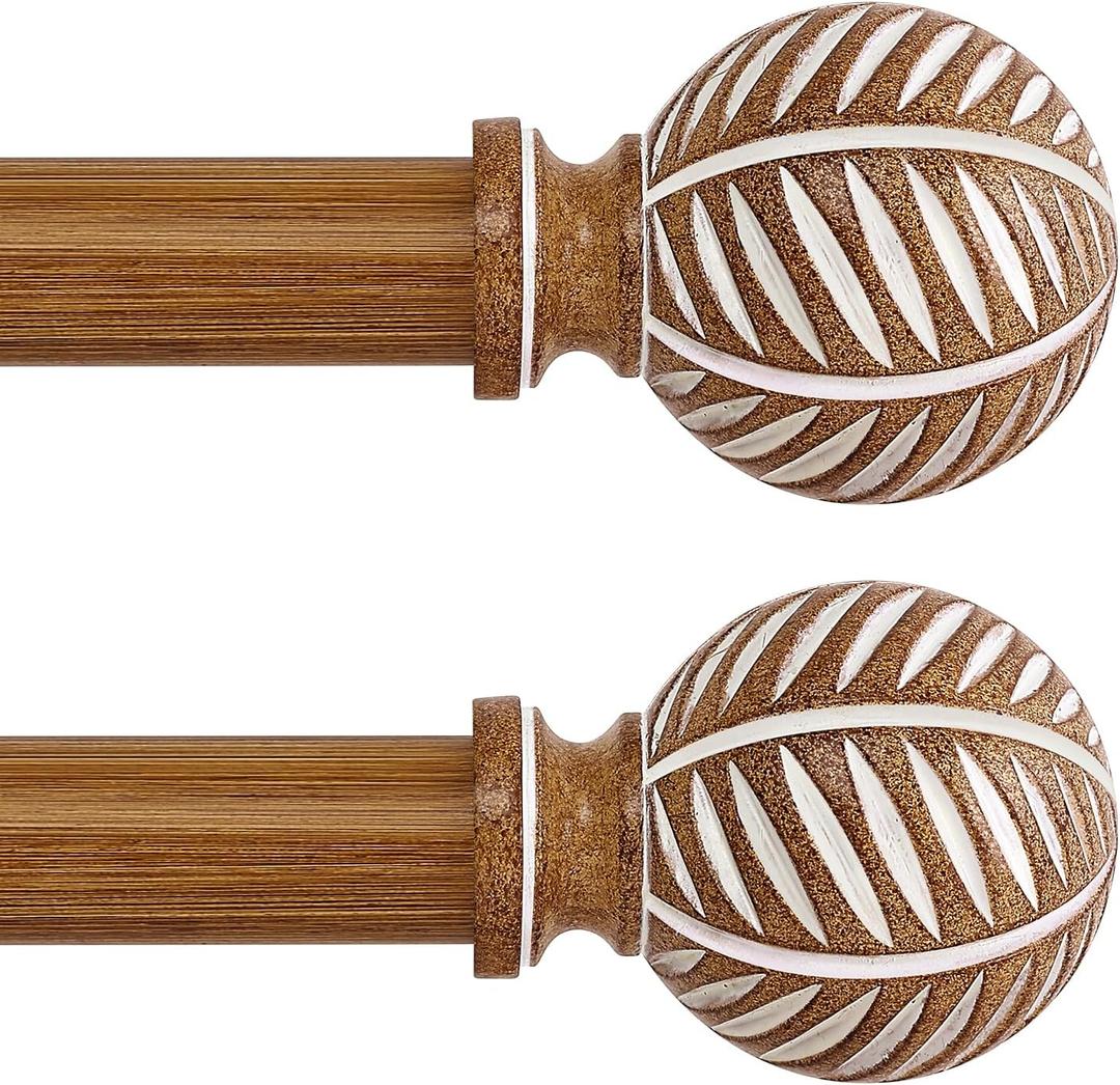 2 Pack Wood Curtain Rods 18 to 60 Inch,1 Inch Boho Adjustable Curtain Rod,Imitation Wood Grain Leaf Window Curtains Rods,Farmhouse Rustic Heavy Duty Drapery Poles,Brown Drapery Rod Set 18-60"