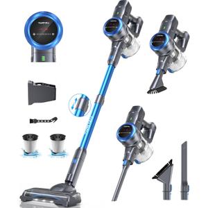 FABULETTA Cordless Vacuum Cleaner, 35Kpa Vacuum Cleaners for Home, Max 50 Mins Runtime, Self-Standing Design, 5-Layer Filtration System, Anti-Tangle Brush, LED Display, Lightweight (Blue)