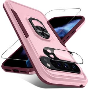 for Google Pixel 10 Pro XL Case with Screen Protector + Camera Lens Protector, Heavy Duty Shockproof Full Body Protective Cover Built in Rotatable Metal Ring Holder Kickstand, 2025 Cute Pink