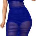 Women See Through Bodycon Dress - Sexy 3 Piece Outfits Cami Top Shorts Ruched Sheer Mesh Midi Party Dress (XL, Blue)