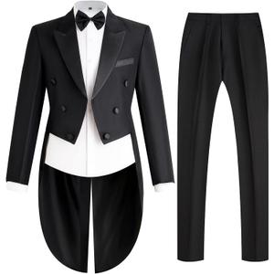 Mens Tailcoat Suit Jacket Tuxedo Double Breast Swallow Tail Coat Pants Bow Tie (Black)X-Large