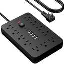 6 FT Flat Plug Surge Protector Power Strip,11 Multiple AC Outlets with 6 USB Ports (2 USB C), 6 Feet Extension Cord, 1250W/10A, One Touch Switch Button, 17 in 1 Compact Powerstrip