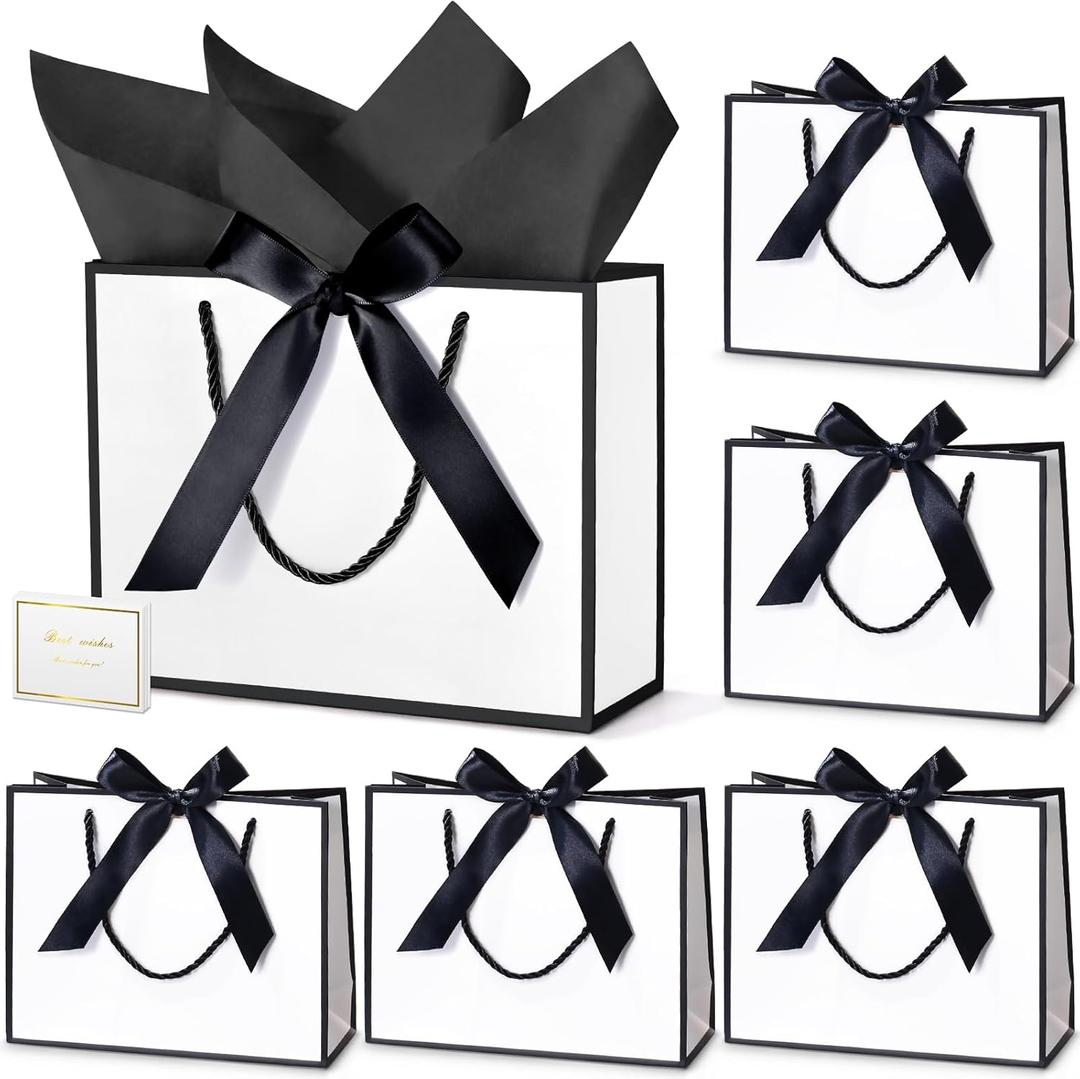 DOYIDE 30 Pcs Thank You Gift Bags with Tissue Paper, 9x7x3.1in Paper Gift Bags with Handles, Gift Wrap Bags with Bow Ribbon for Wedding Birthday Baby Shower Bridesmaid Party (White and Black)