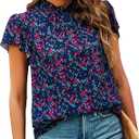 SimpleFun Women Boho Shirts Floral Ruffle Short Sleeve Summer Blouses Tops Bohemian-chic, mock neck, lightweight chiffon, flowy casual fit, business casual work blouse, printed beach vacation clothes M