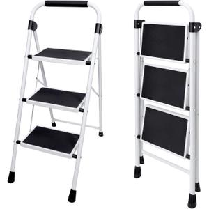 Sweetcrispy 3 Step Ladder, 330lbs Folding Step Stool with Anti-Slip Pedal | Lightweight Portable Stepping Stool with Sturdy Ladder, Convenient Handrail, for Kitchen, Garage & Outdoor Use, Black