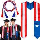 Puerto Rico & American Flag Graduation Stole Sash with Honor Cords - Red White Blue Class of 2026 Graduation Gift, First Generation Graduate Stole for Study Abroad & International Graduates